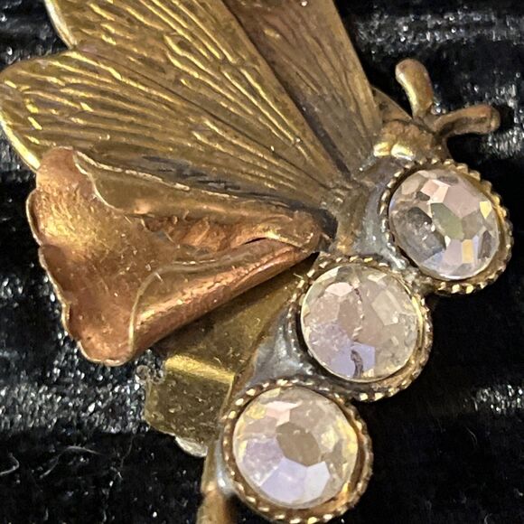VTG Made In Italy Mixed Metal Brass Copper Rhinestone Butterfly Clip On Earrings - Picture 3 of 14